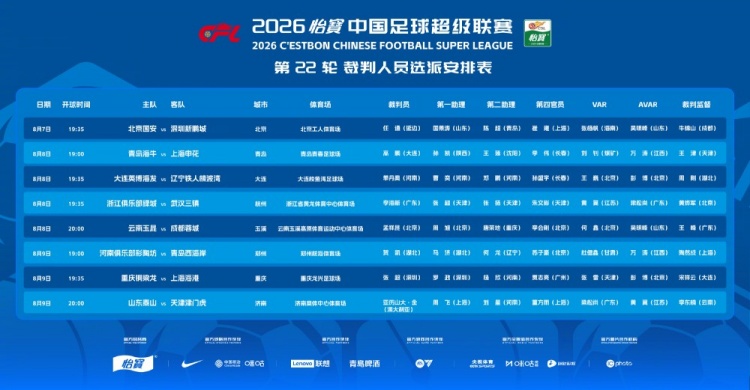 互换！官方：泰山vs津门虎VAR改为梁松尚，黄翼担任AVAR