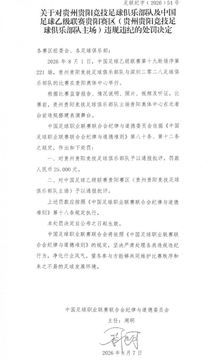 官方：贵州贵阳竞技俱乐部因违规搭建表演舞台，罚款25000元